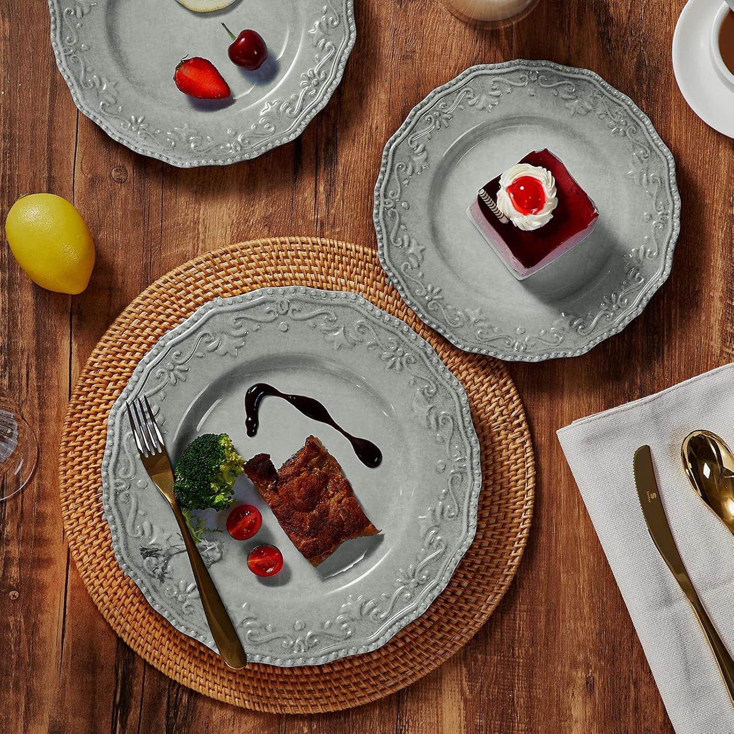 TP 12-Piece Dinnerware Set, Melamine Dishes Set with Bowls and Plates, Non-breakable and Lightweight Dinner Service for 4, Grey