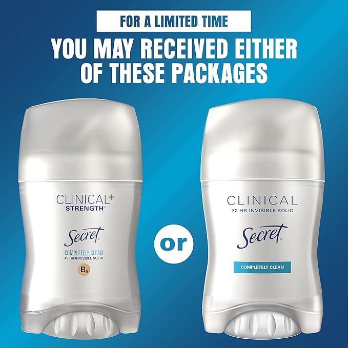 Secret Clinical Strength Antiperspirant and Deodorant for Women Invisible Solid, Completely Clean Scent, 72-hr Sweat Protection, 1.6 oz (Pack of 2)