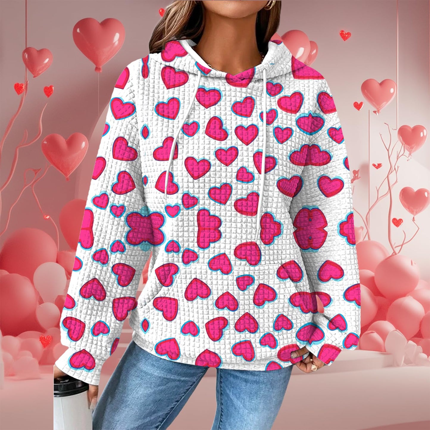 Valentines Day Outfit Women Heart Print Pullover Waffle Outdoor Warm Oversized Clothing Fashion Hooded Sweatshirt 2025 Spring Fashion Casual Elegant Dressy Cute Graphic Hoodies With Pockets,L