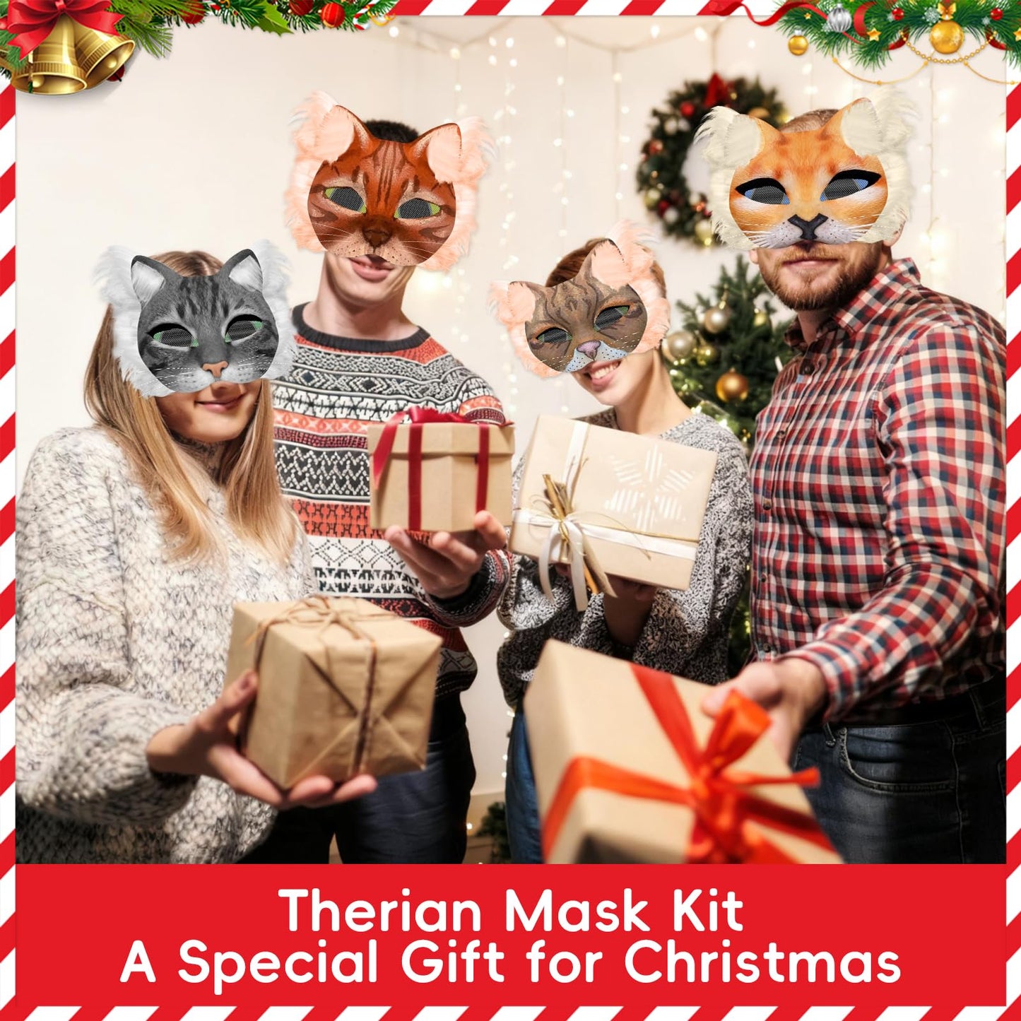 Blurap 124 PCS Therian Mask Kit Cat Masks to Dress Up DIY Therian Cat Mask Set with Fur Eye Mesh Stickers Furry Masks for Christmas Easter Crafts Masquerade Cosplay Party