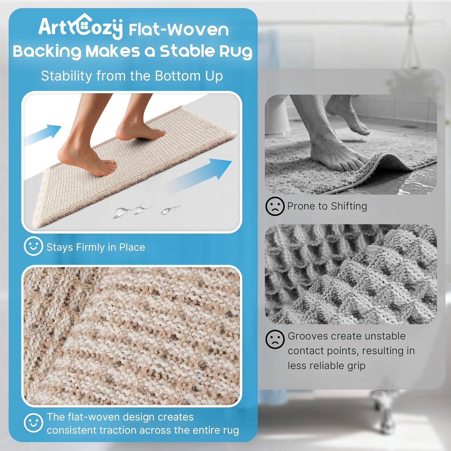 ArtyCozy Waffle Bath Mat Set of 2, Super Absorbent Soft Non-Slip Boho Bath Rugs with Flat-Woven Hot Glue Backing for Bathroom, Machine Washable Bath Mats, 18" × 30" Plus 24" × 72", Brown & White