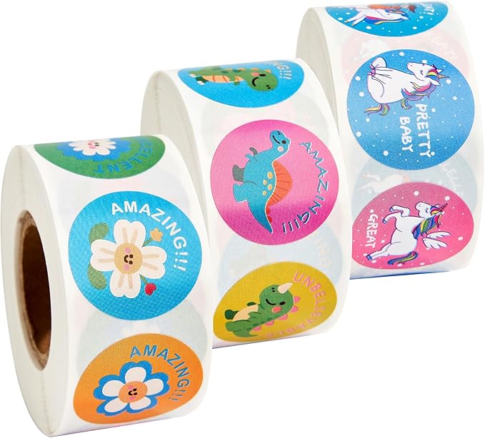 3 Roll Reward Stickers, 1500 Pcs Motivational Stickers for Kids, School Supplies Roll Sticker for School Classroom, 24 Designs (Each Measure 1” in Diameter), Include Dinosaur/Unicorn/Flower Patterns