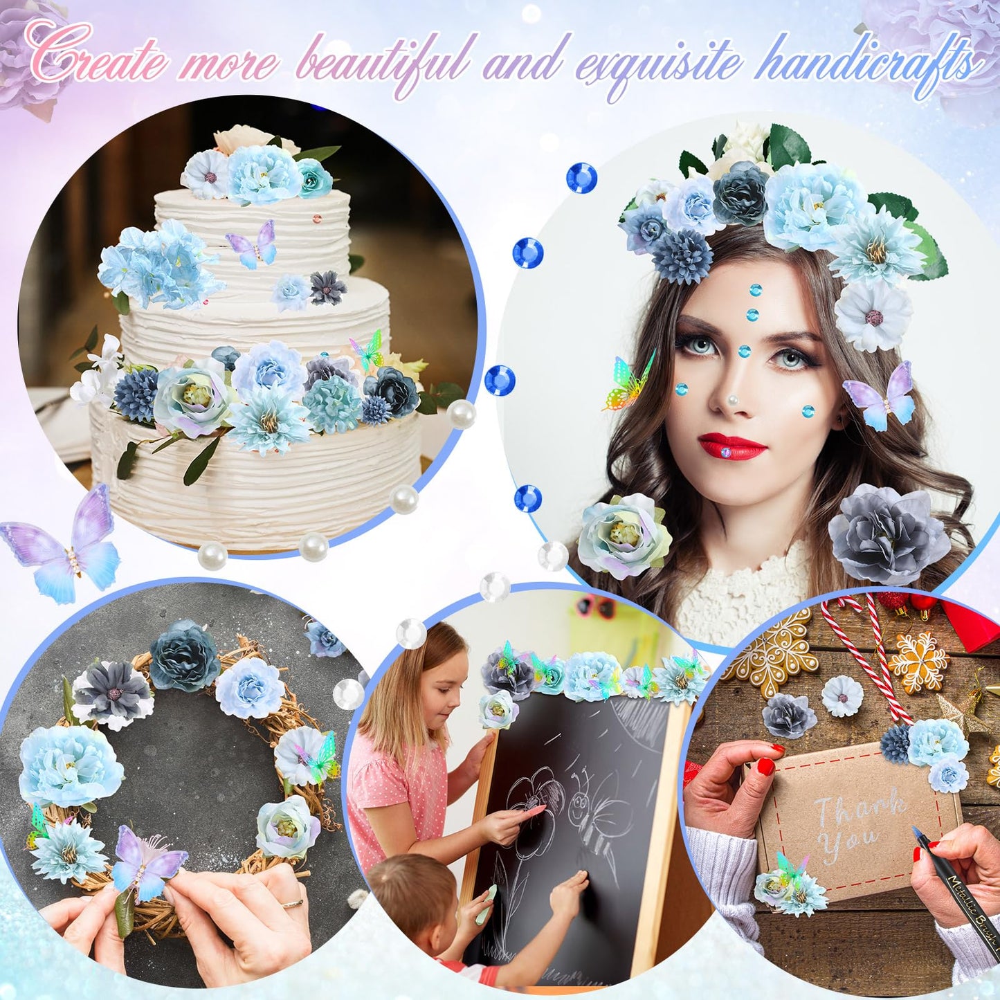 Lyrow 51 Pcs DIY Graduation Cap Decorations Kits Included Grad Cap Pens Faux Flowers Letter Number Stencils Rhinestones Stickers 3D Butterflies for Grad Hat Topper Decors Craft Art DIY(Dark Blue)