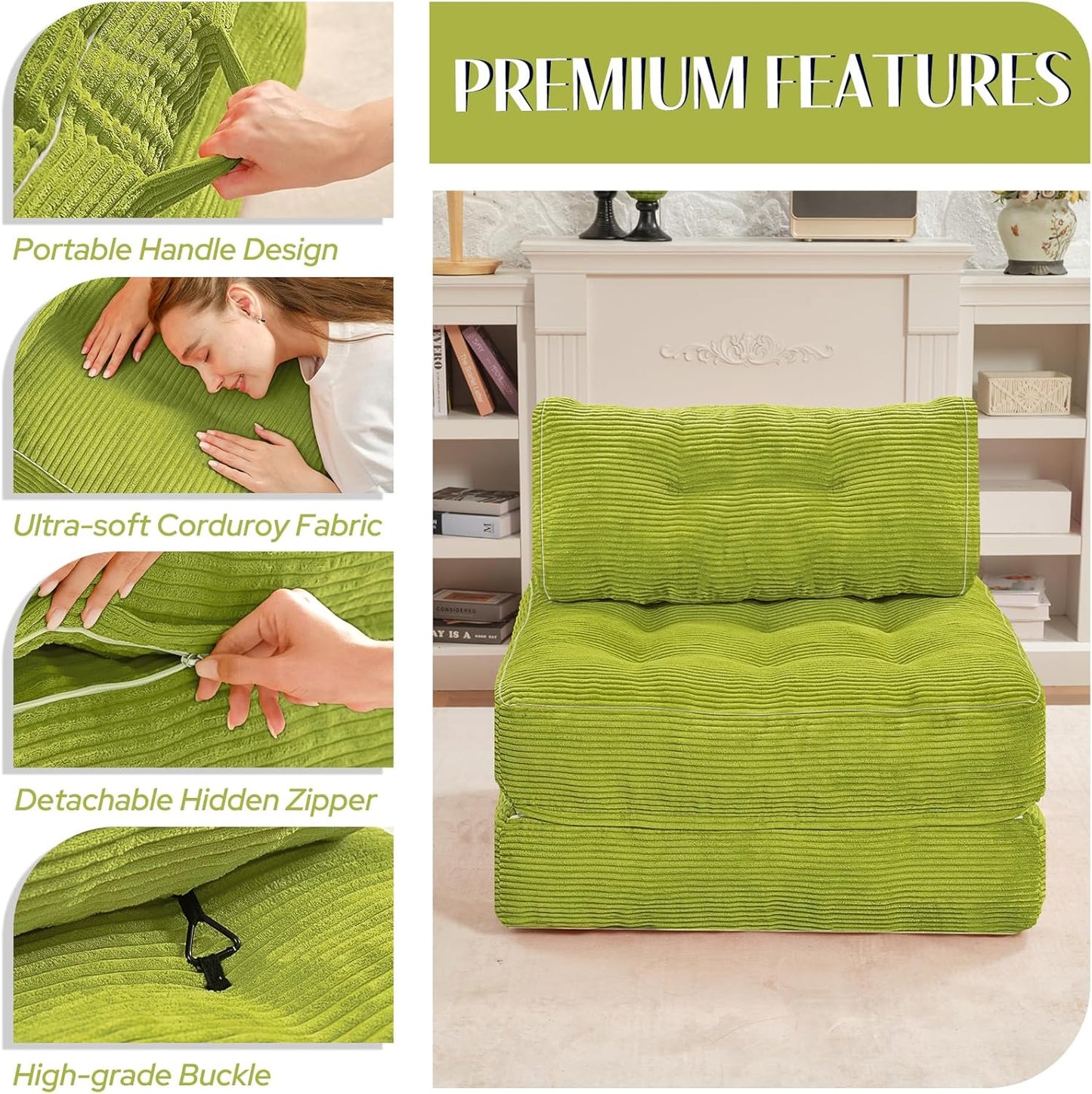 HABUTWAY Folding Sofa Bed, Convertible Sleeper Chair Bed w/Dual-Pillow & Handle, Foldable Floor Sofa Lounge w/Back Support for Living Room, Bedroom, Apartment, Office, Green