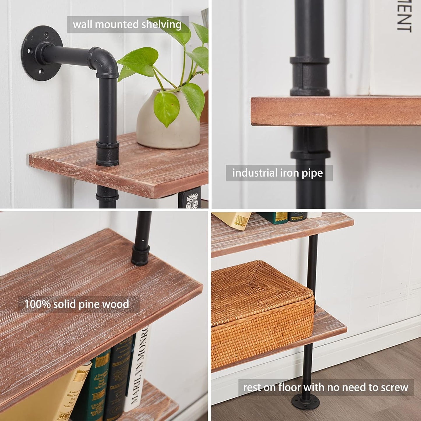 6 Tier Industrial Ladder Pipe Shelf Bookcase, Rustic Wall Mounted Pipe Bookshelves for Decor and Storage
