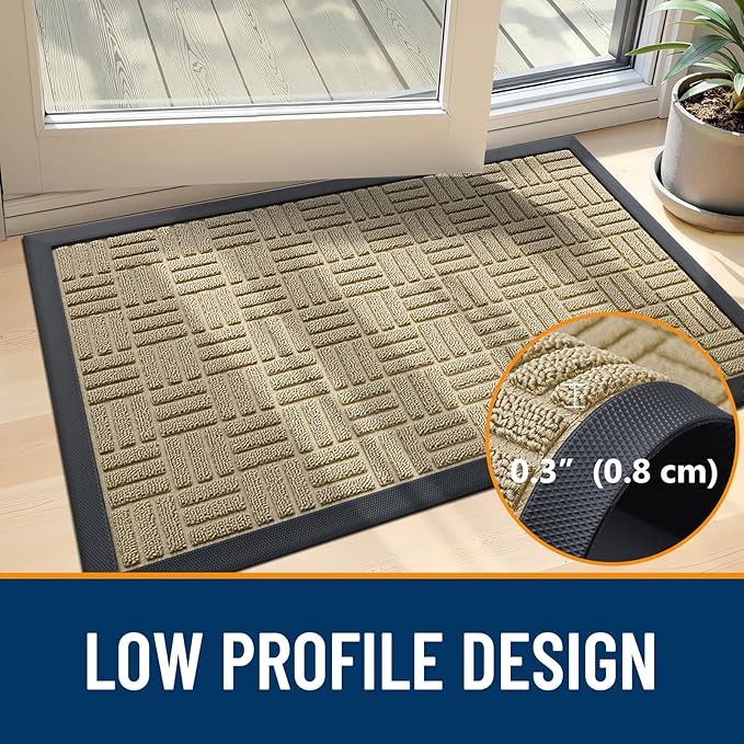 OLANLY Front Door Mat Outside Entrance 59x23, Absorbent, Heavy Duty Sturdy Natural Rubber Doormat Indoor Outdoor, Stain and Fade Resistant, Non-Slip Backing Low Profile Floor Mat for Entryway, Beige