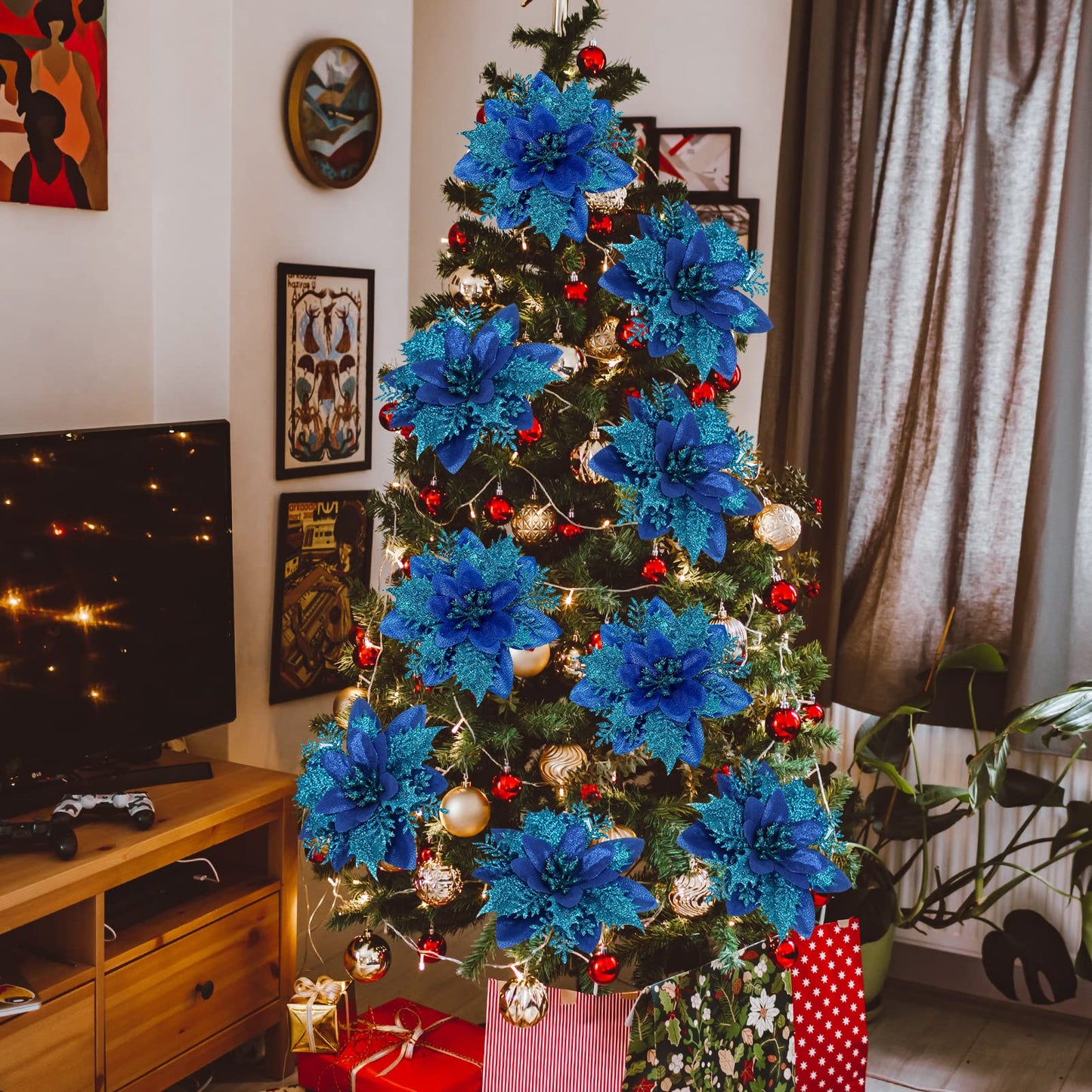 Childom 15 PCS Blue Poinsettia Flower Artificial Poinsettias with Clips Christmas Decorations Glitter Poinsettia Christmas Ornaments Xmas Tree Flowers with Stems DIY Xmas Wreath Holiday Party Decors