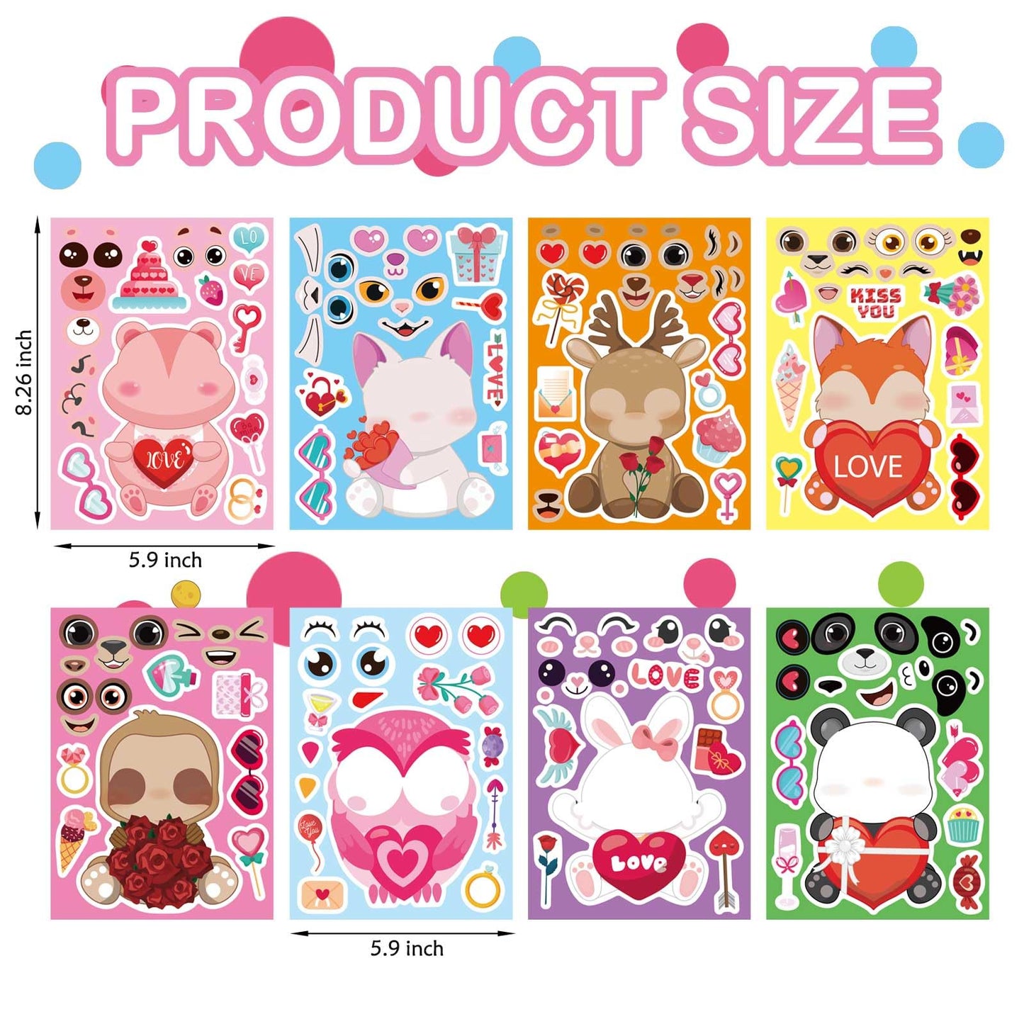 32 Sheets Valentine Stickers for Kids, Valentine's Day Make a Face Stickers, Make Your Own Stickers 8 Designs of Animal Owl Rabbit Bear Stickers for Boys Girls