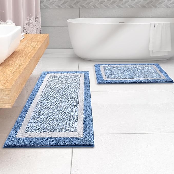 OLANLY Bathroom Rugs 47x20, Extra Soft and Absorbent Microfiber Bath Mat, Non-Slip, Machine Washable, Quick Dry Shaggy Bath Carpet, Suitable for Bathroom Floor, Tub, Shower (Runner, Blue)