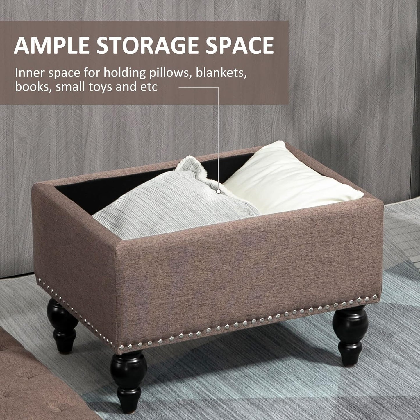 HOMCOM Ottoman with Storage for Living Room, 25" Storage Ottoman with Removable Lid, Button-Tufted Fabric Bench for Footrest and Seat with Wood Legs, Coffee