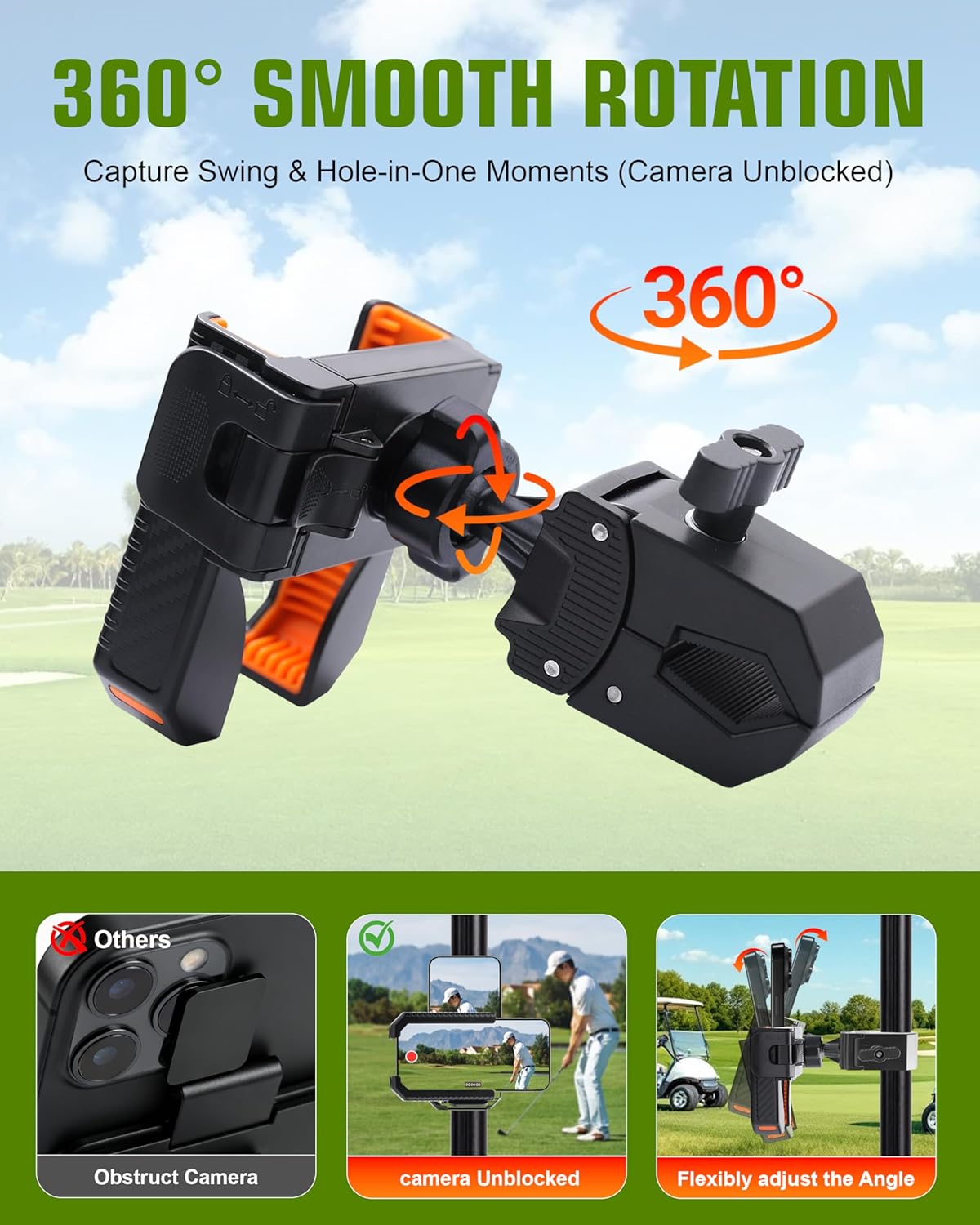 XEEP Golf Cart Phone Holder Mount, 3s Phone Clip Install, 1s Lock & Release, 360° Rotation Golf Phone Holder for Ezgo Club Car Yamaha, Golf Cart Accessories for All 4.5-7" Smartphones