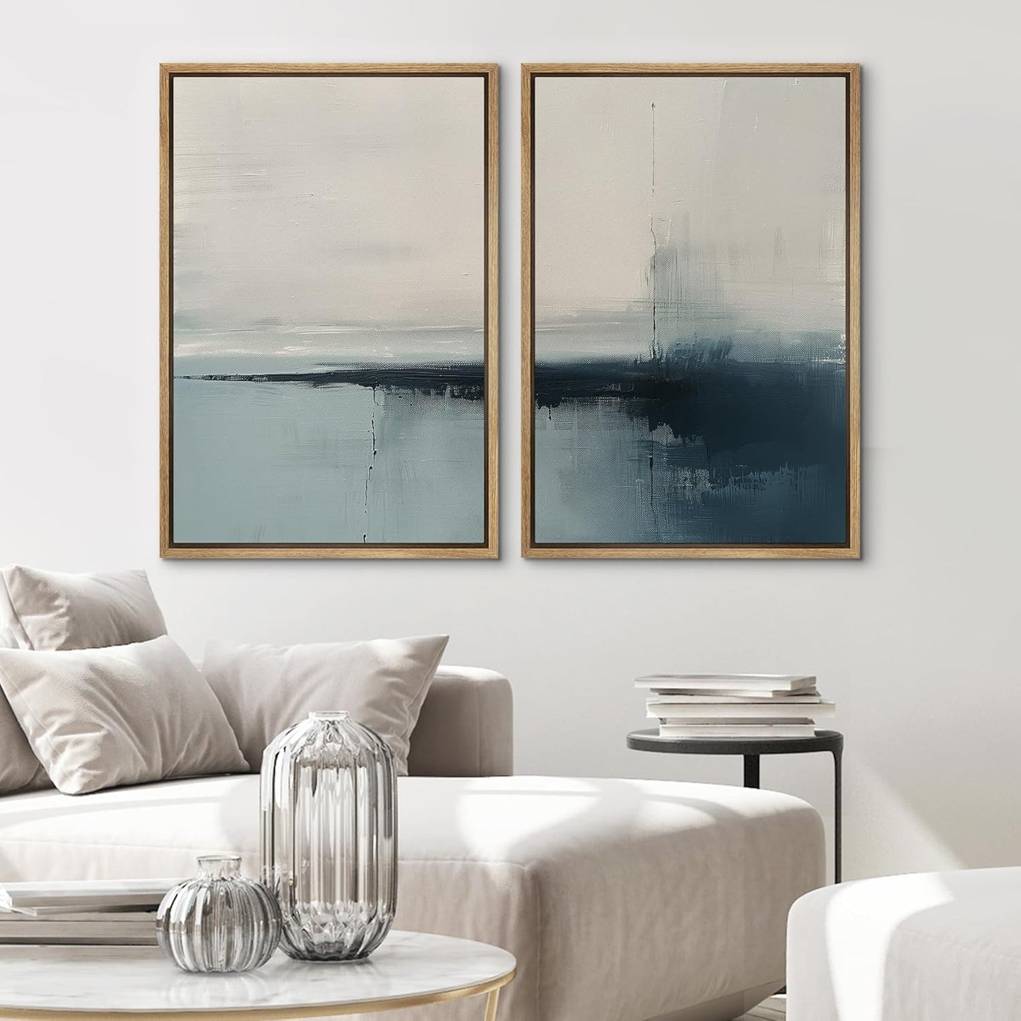 SIGNWIN Framed Canvas Print Wall Art Modern Blue Ocean Coastal Abstract Serene Neutral Tones with Subtle Patterns Illustrations Decorative for Living Room, Bedroom, Office - 24"x36"x2 Natural