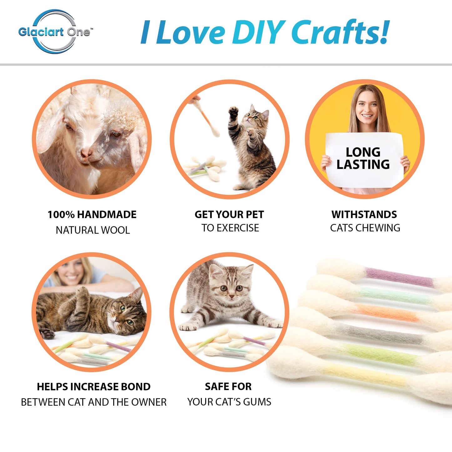 Glaciart One Swabs Cat Toys with Catnip - 6 Pk | Durable for Chew, Cute Cat Toys Interactive Kitty for Boredom, Exercise, & Play | Filled w/Organic Catnip for Anxiety & as Digestive Aid | Gift Idea