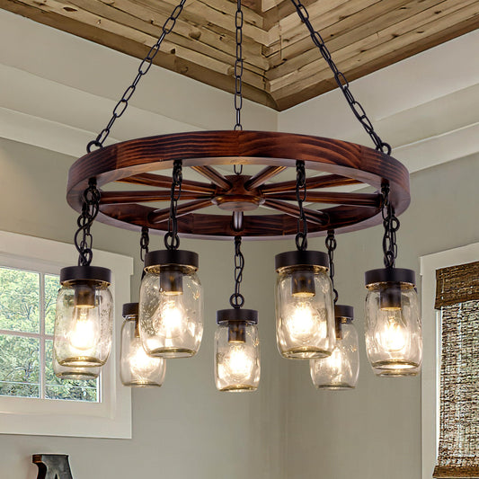 Wellmet Farmhouse Chandelier for Dining Room 30", 9-Light Rustic Wood Wagon Wheel Chandeliers for Living Room, Vintage Pendant Fixture Hanging with Glass Mason Jar for Foyer Bedroom Entryway