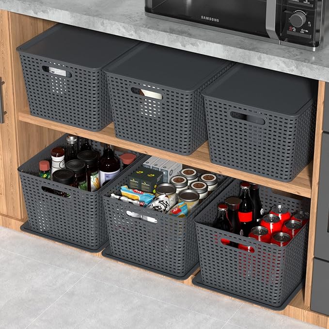 6-Packs Grey Woven Storage Baskets Bins with Lids, Plastic Large Stackable Baskets Box, 13.58'' x 11.42'' x 8.7''