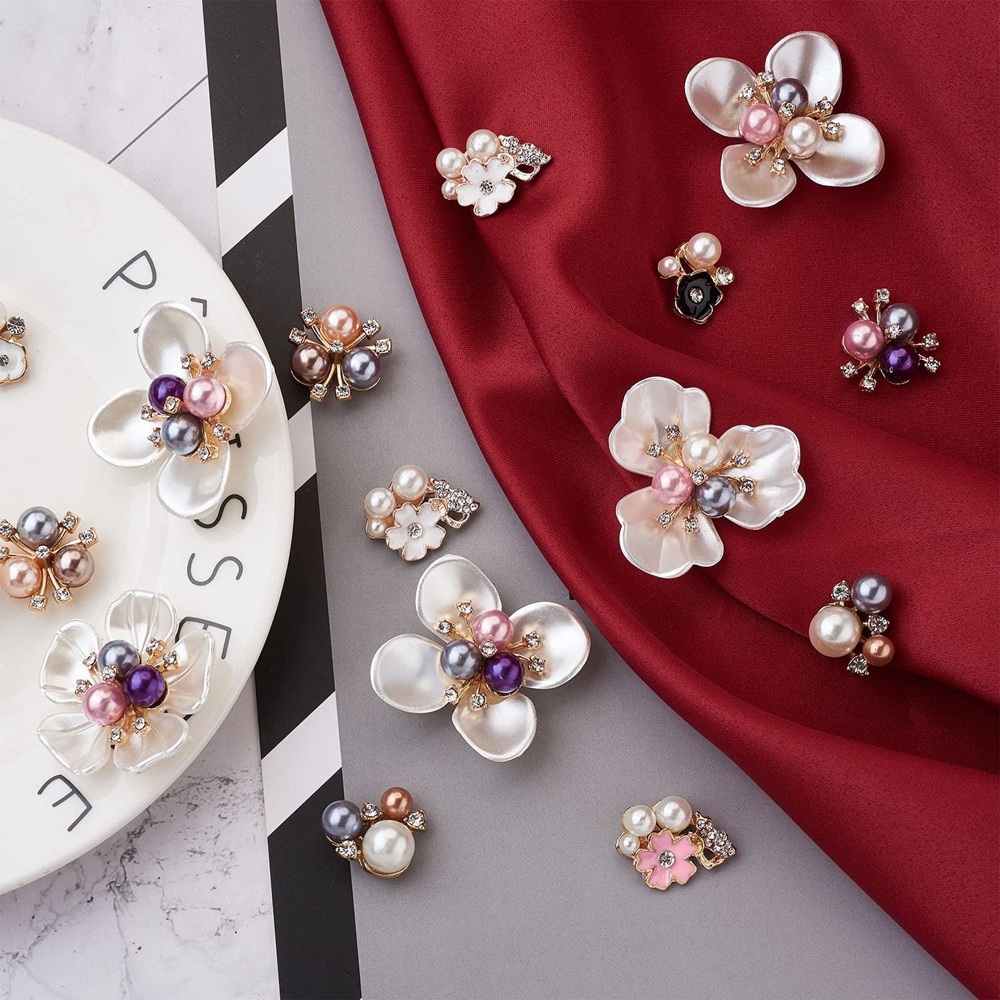 Craftdady 38pcs Rhinestone Pearl Embellishments Mixed Colors Faux Pearl Flower Flatback Cabochon Buttons for Brooches Hairband Jewelry Crafts Making