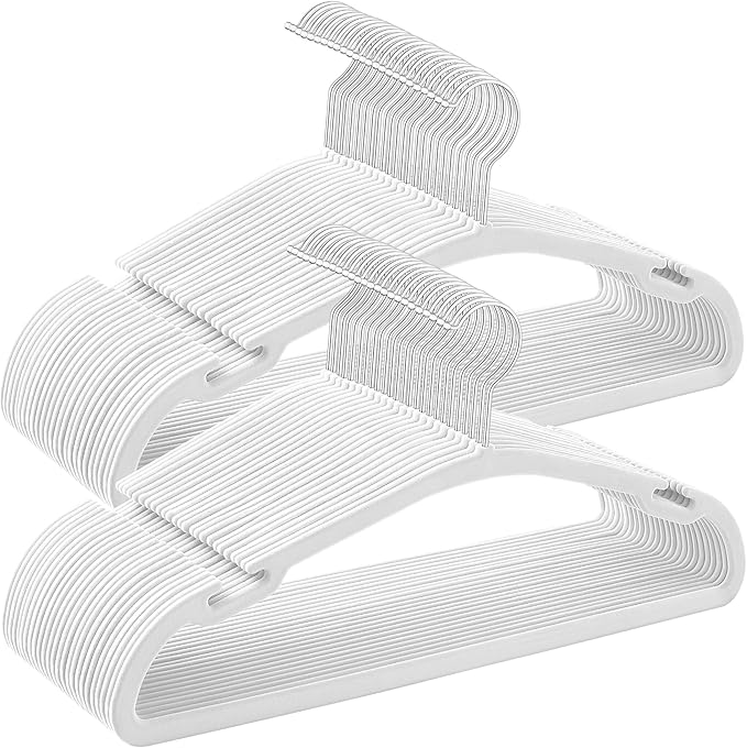 SONGMICS Velvet Hangers 50 Pack, Non-Slip Clothes Hangers, 17 x 8.3 Inches, Coat Hangers with Wide Shoulder Notches, Pants Bar, 360° Swivel Hook, Space-Saving, for Closet, Cloud White UCRF039W01