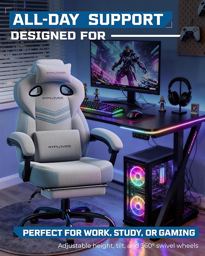 GTPLAYER Gaming Chair, Computer Chair with Footrest and Lumbar Support for Adults, 360°-Swivel Big & Tall Reclining Seat for Office or Gaming (Grey)