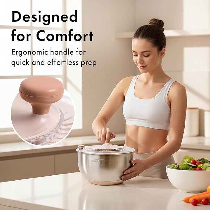 Salad Spinner Stainless Steel 5.3Qt | Lettuce Spinner BPA-Free with Stop Button, Drain Spout & Crank Handle | Fruit Cleaner | Vegetable Washer Salad Cleaner, Non-Slip Base Dishwasher Safe