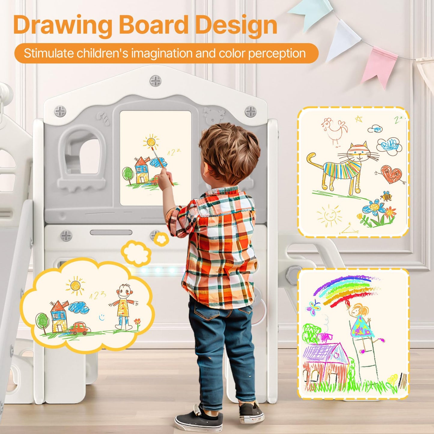 BIERUM 9 in 1 Toddler Slide Set - Baby Slide for Toddlers 1-3 with Colorful Lights, Drawing Board and Building Blocks Board, Indoor Outdoor Toddler Playset Playground, White Gray