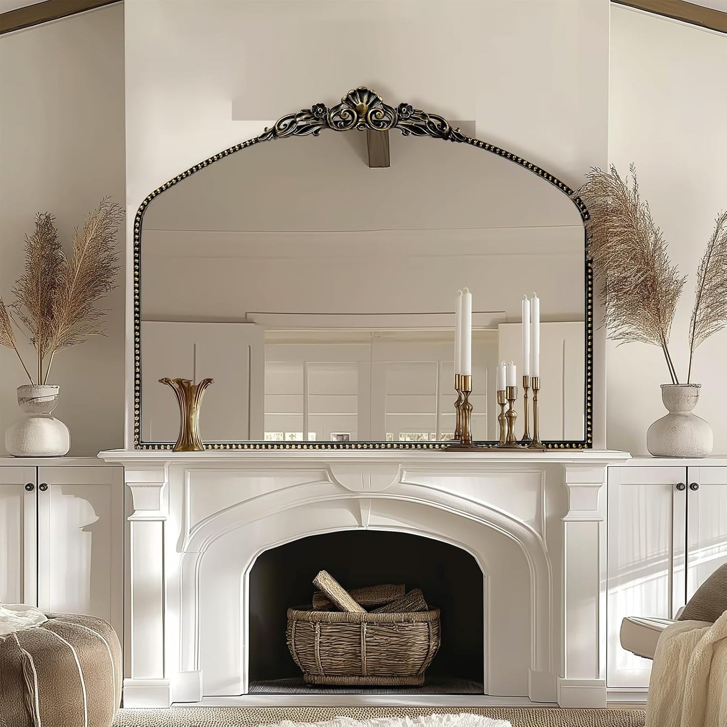 G-LEAF Vintage Baroque Mirror 40"X30",Victorian Antique Farmhouse Mantel Mirror with Black Brush Gold Ornate Metal Frame for Fireplace Entryway Living Room Hallway Bathroom