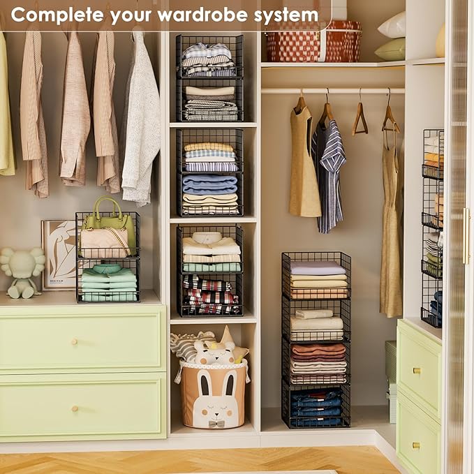 Stackable Closet Organizers and Storage Baskets, 4-Tier Closet Shelf Organizer for Small Space, Space-Saving Clothes Storage Drawer, Foldable Clothes Storage Bins for Closet Organizer System, Black