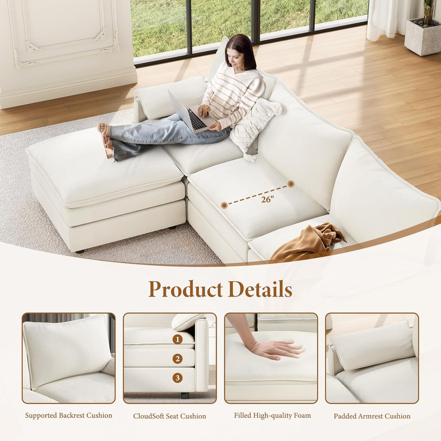 Vesgantti 108" U Shaped Sectional Couch, Comfy Cloud Modular Sectional Sofa with 2 Ottoman Deep Seat Chenille Modern Cloud Sofa, Modular Sofas for Living Room, Bedroom and Apartment, Snow White