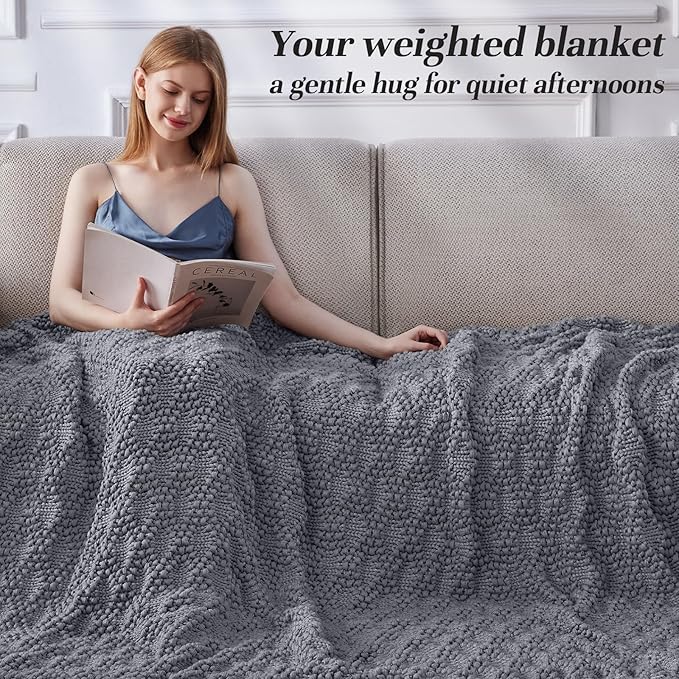 Knitted Weighted Blanket for Adult, Chunky Knit Weighted Throw for Sleep 50"*60" 7lbs, Cooling Breathable Heavy Blanket for Hot Sleepers, Machine Washable Blanket for Room Decor(Light Grey)