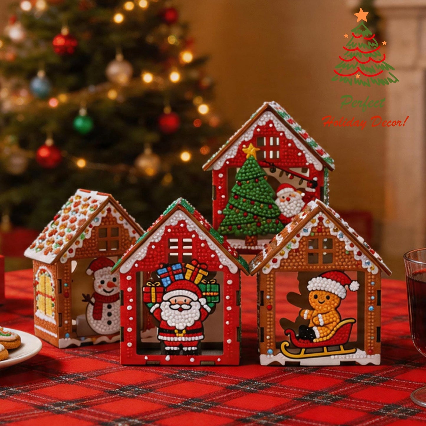 Party Ready LED Light-Up Diamond Painting Christmas Houses – DIY Rhinestone Mosaic Wooden Ornament Set, Holiday Tabletop Decor, Kids Craft Kit (Four Ornament Set)