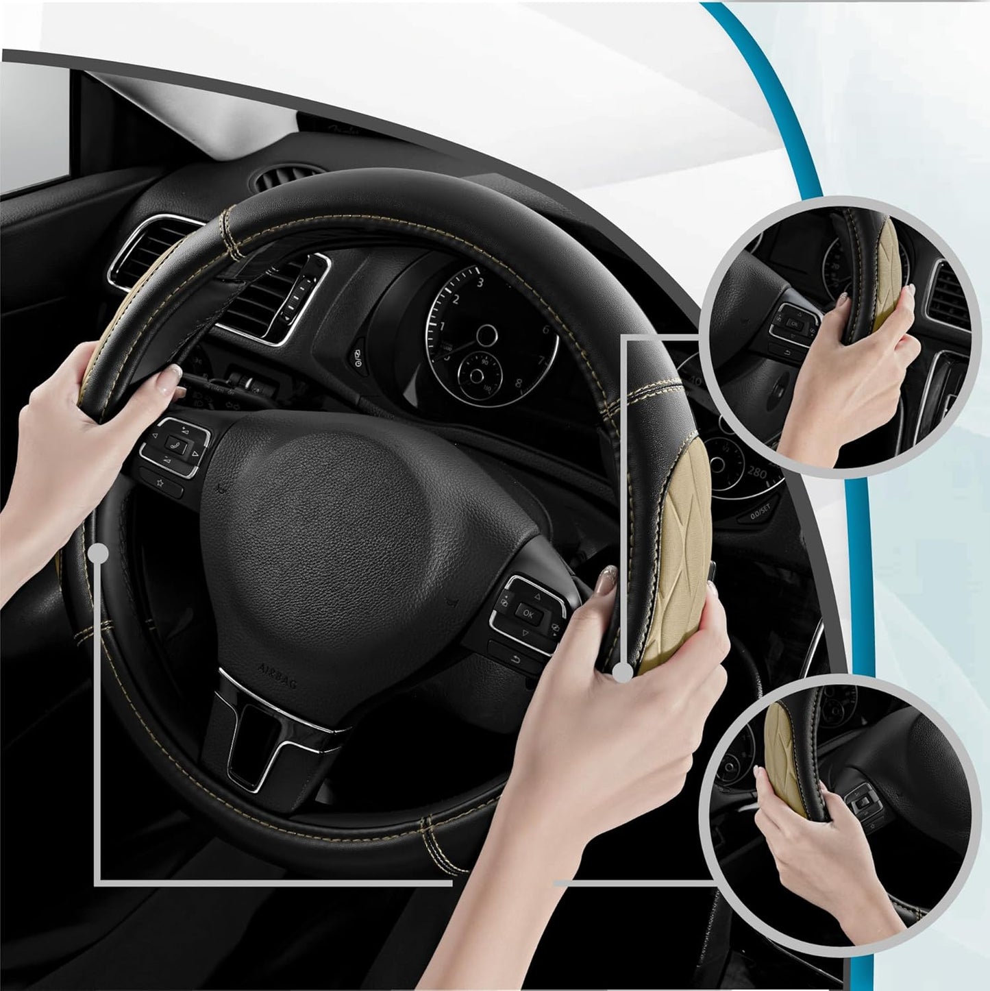 PIC AUTO Steering Wheel Cover, Beige Thick Rhombic Foam and Premium Leather, Universal 14.5-15.5 Inch Breathable Anti-Slip Steering Wheels Accessories for Men & Women