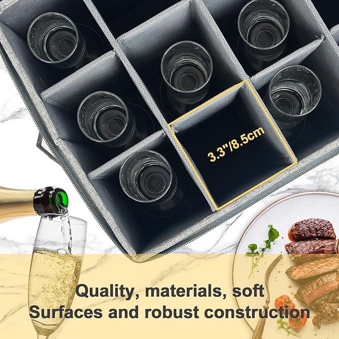 VERONLY Champagne Flute Storage Box with Dividers, Champagne Glass Storage Container, Hard Shell Stemware Storage Case Organizer for 12 Crystal Champagne Flutes Storage and Organization (Grey)