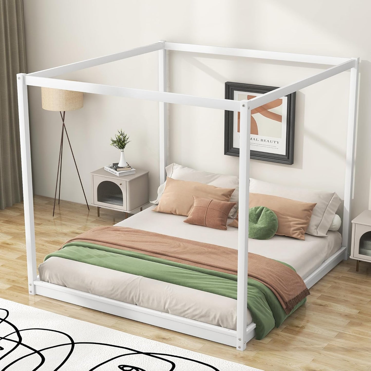 King Size Canopy Platform Bed with Support Legs,Solid Wood Bed Frame,4-Post Canopy-Platform-Bed for Kids Teens Adults, No Box Spring Needed,White