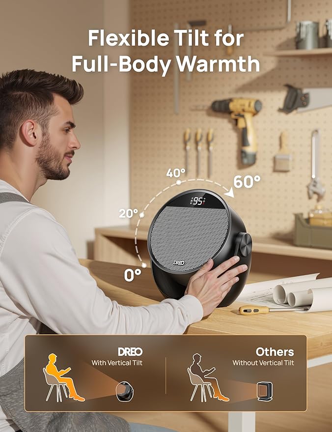 Dreo Space Heater 1500W, 60° Adjustable Tilt, 10.5ft/s Portable Electric Heaters for Indoor Use with Thermostat, 8 Safety Protections, 3 Modes, Remote, Quiet Desk Heater for Bedroom, Office, Black