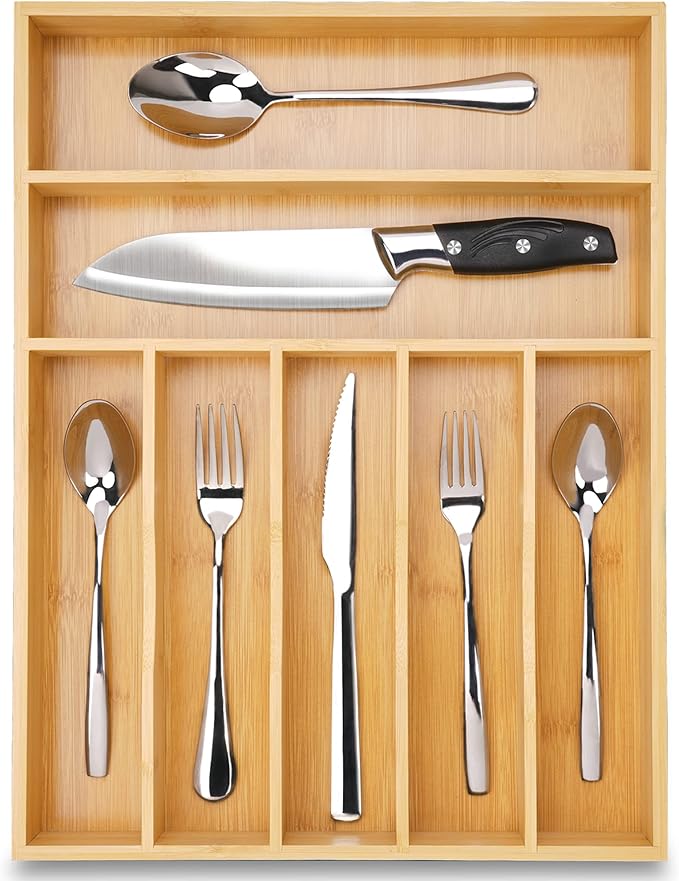 Bamboo Kitchen DrawerOrganizer, 13 Inch Silverware Organizer with Extra-deep Grooved Divider, 7 Slots Pure Bamboo Wood Caddy for Flatware Cutlery Knives, Forks, Spoons