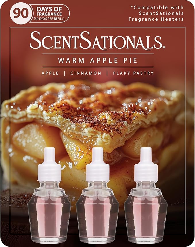 Scentsationals Fragrance Oil Plug In Air Freshener Refills 3-Pack - Warm Apple Pie - Works with Scentsationals Wall Plugs, Long-Lasting Home Fragrance, 0.8 fl oz Each, Packaging May Vary