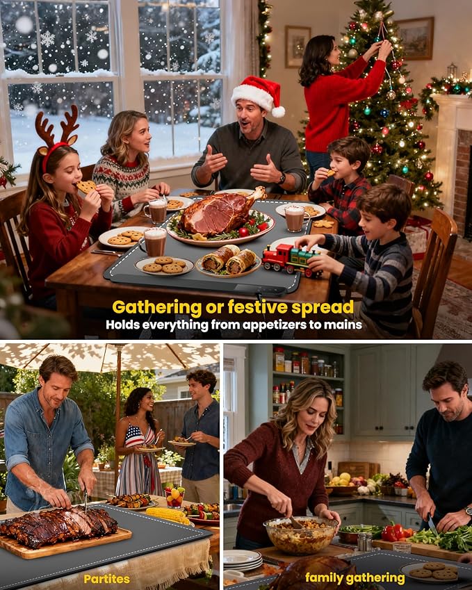 Food Warming Mat Extra Large 43"x16" with Insulation Pad for Countertop, Chafing Dishes for Buffet, Food Warmers for Parties, Hot Pads for Kitchen, Portable Heating Pad, 560W Custom Warm Setting, Grey