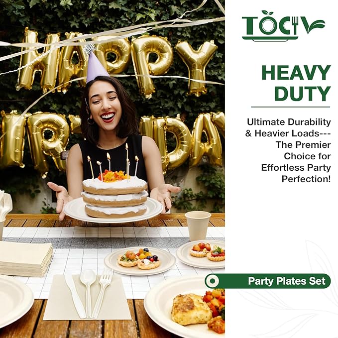 350PCS Compostable Paper Plates and Napkins Cups 10 & 7 Inch Disposable Heavy Duty Dinner Dessert Sturdy Plates and Utensils (Serve 50) Party Supplies Eco-friendly Dinnerware Set for Birthday Holiday