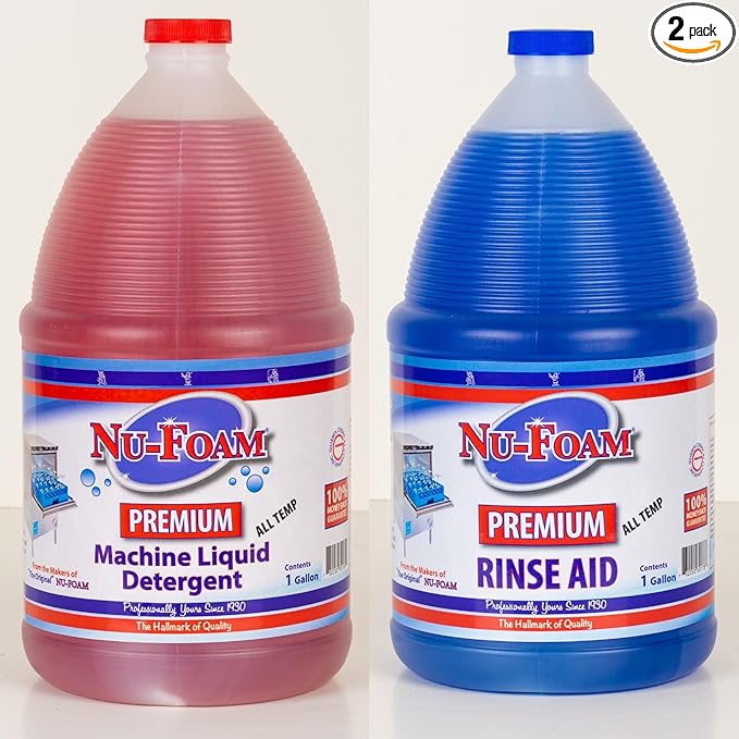 Nu-Foam Premium Commercial Dishwasher Detergent and Rinse Aid Set, 1 Gallon Each