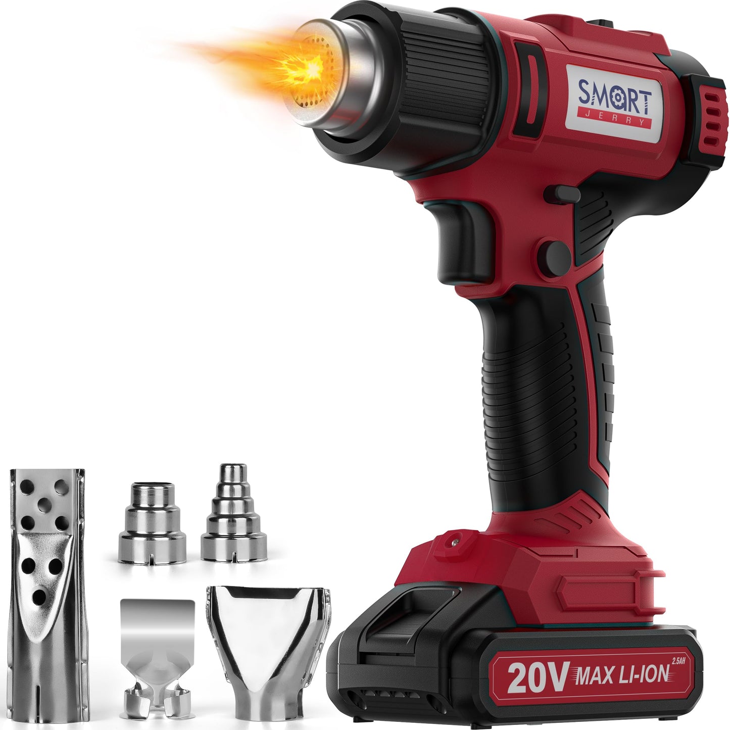 SMART JERRY - Cordless Heat Gun | Portable Heat Gun for Vinyl Wrap, Resin, Crafting, Shrink Tubing & Candle Making | Battery Powered Heat Gun Kit w/ 5 Nozzles (20V Li-ion Battery Included)