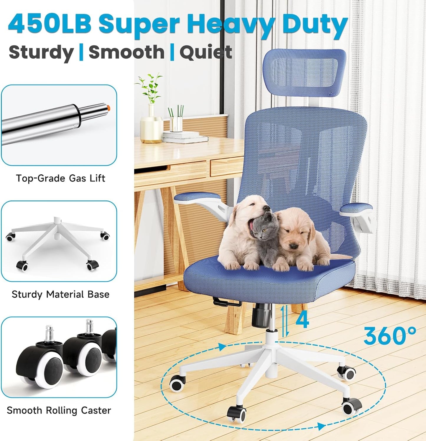 Ergonomic Office Chair - Comfy Desk Chairs with Wheels and Arms, 400LB Heavy Duty Mesh Computer Chairs with Comfortable Head Lumbar Back Support for Office, Bedroom, College Dorm and Study