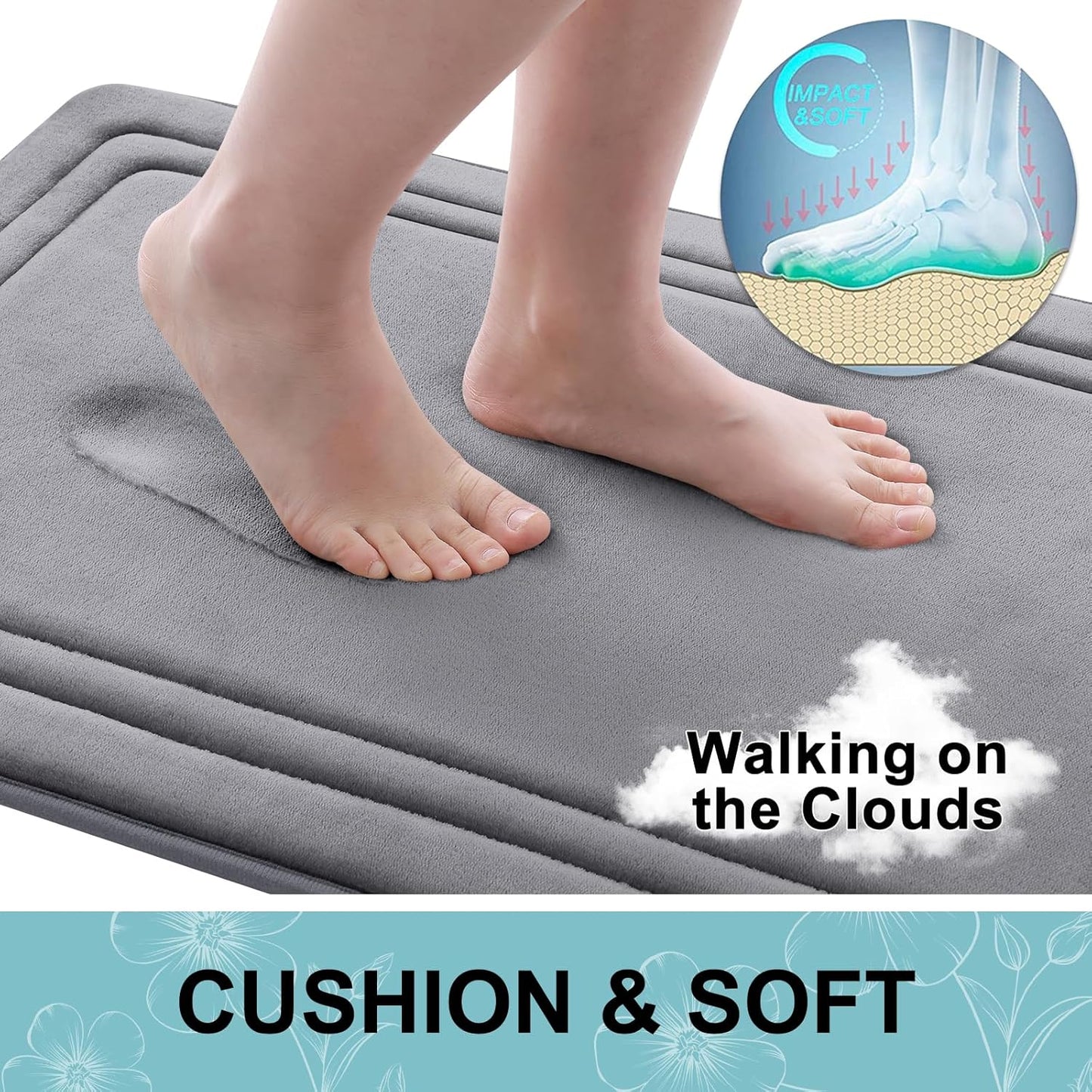 Grandaily Memory Foam Bath Mat Rug 30x20, Ultra Soft, Non-Slip and Absorbent Bathroom Rugs, Machine Wash Dry, Comfortable Bath Carpet for Bathroom Floor, Tub and Shower, Medium Grey