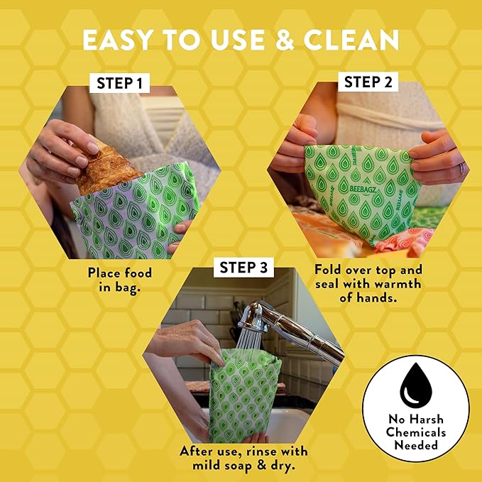 Beeswax Wrap Storage Bag by BeeBAGZ | Reusable Food Storage Bags, Pack of 3, Plastic Free Biodegradable Food Wrap Alternative, Lunch Pack, 2 Small + 1 Medium, (Green)