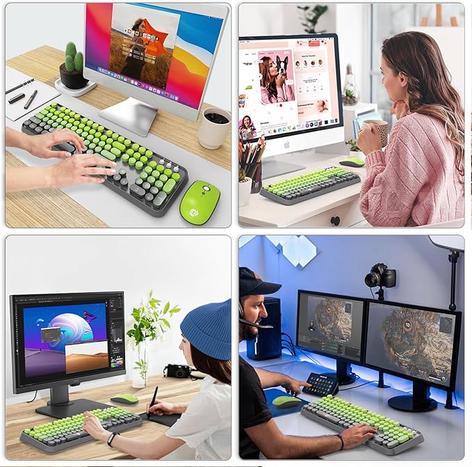 FOPETT Wireless Keyboard and Mouse Combo - 2.4G Full-Sized Cute Colorful Mouse and Keyboard with 104 Round Keys Retro Typewriter Keyboard for Laptop/Windows/PC - Grey Green