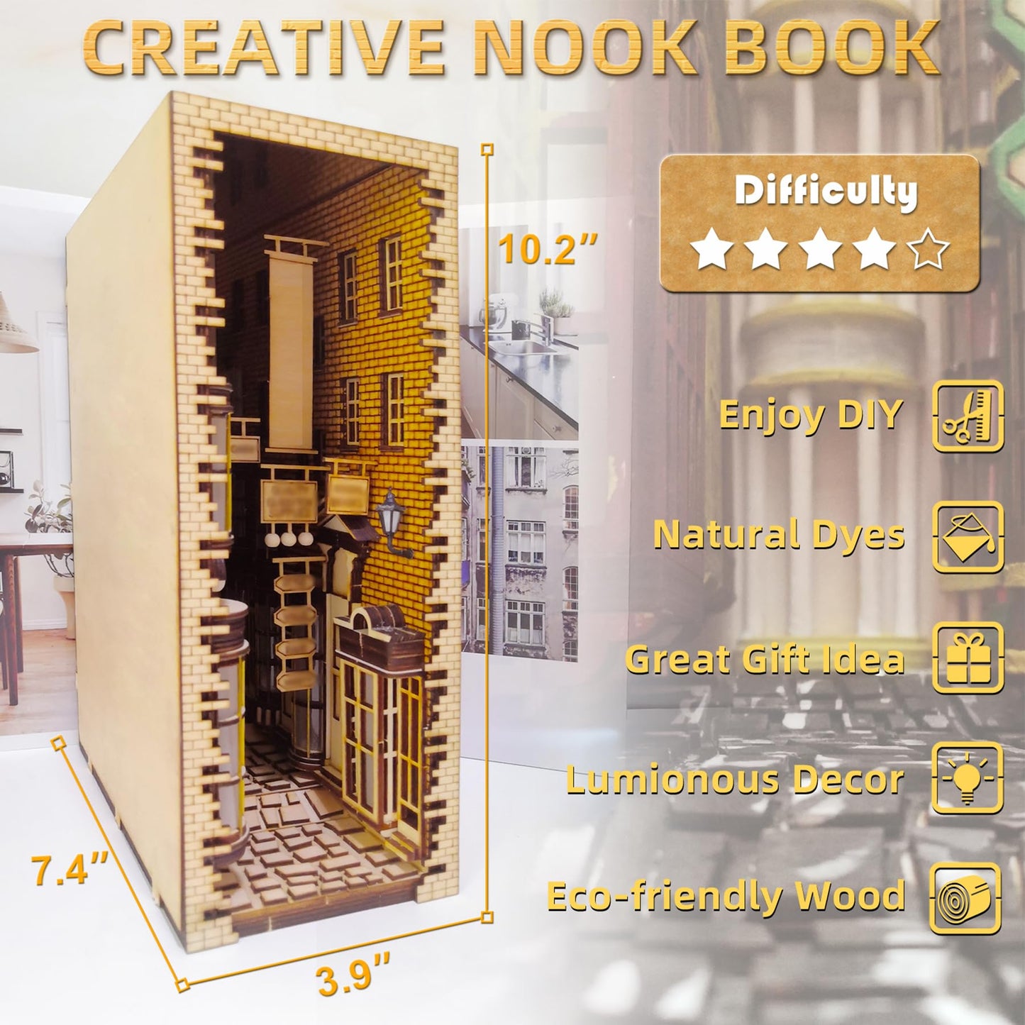 LED Book Nook Kit for Adults - Decorative Bookend Stand-3D Wooden Puzzle for Adults, Booknook Bookshelf Insert Room Decor Gift Craft for Teen Girls Boys Women Men(Standard Edition)