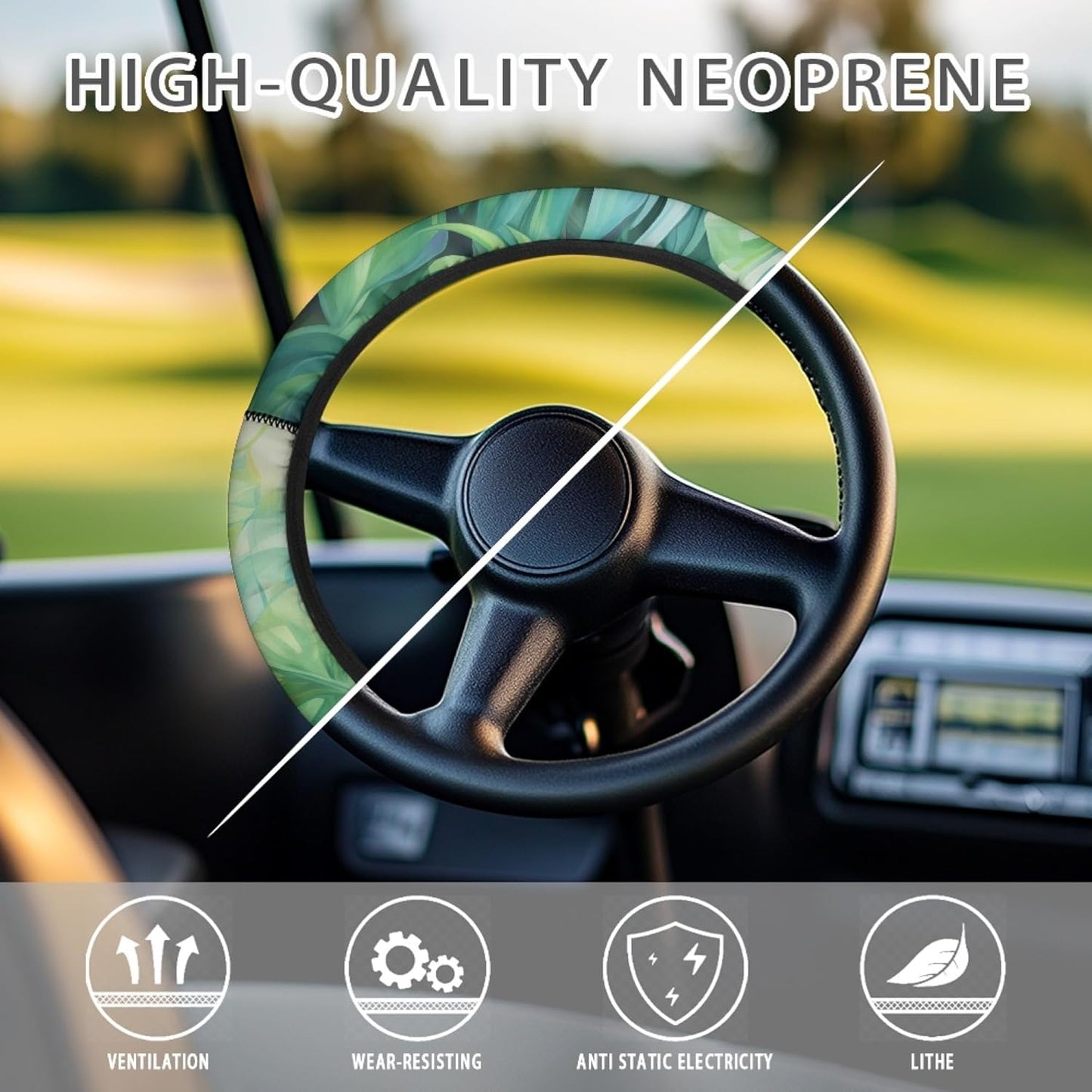 Tropical Leaves Golf Cart Steering Wheel Cover Universal Fit 14 Inch Green Polyester