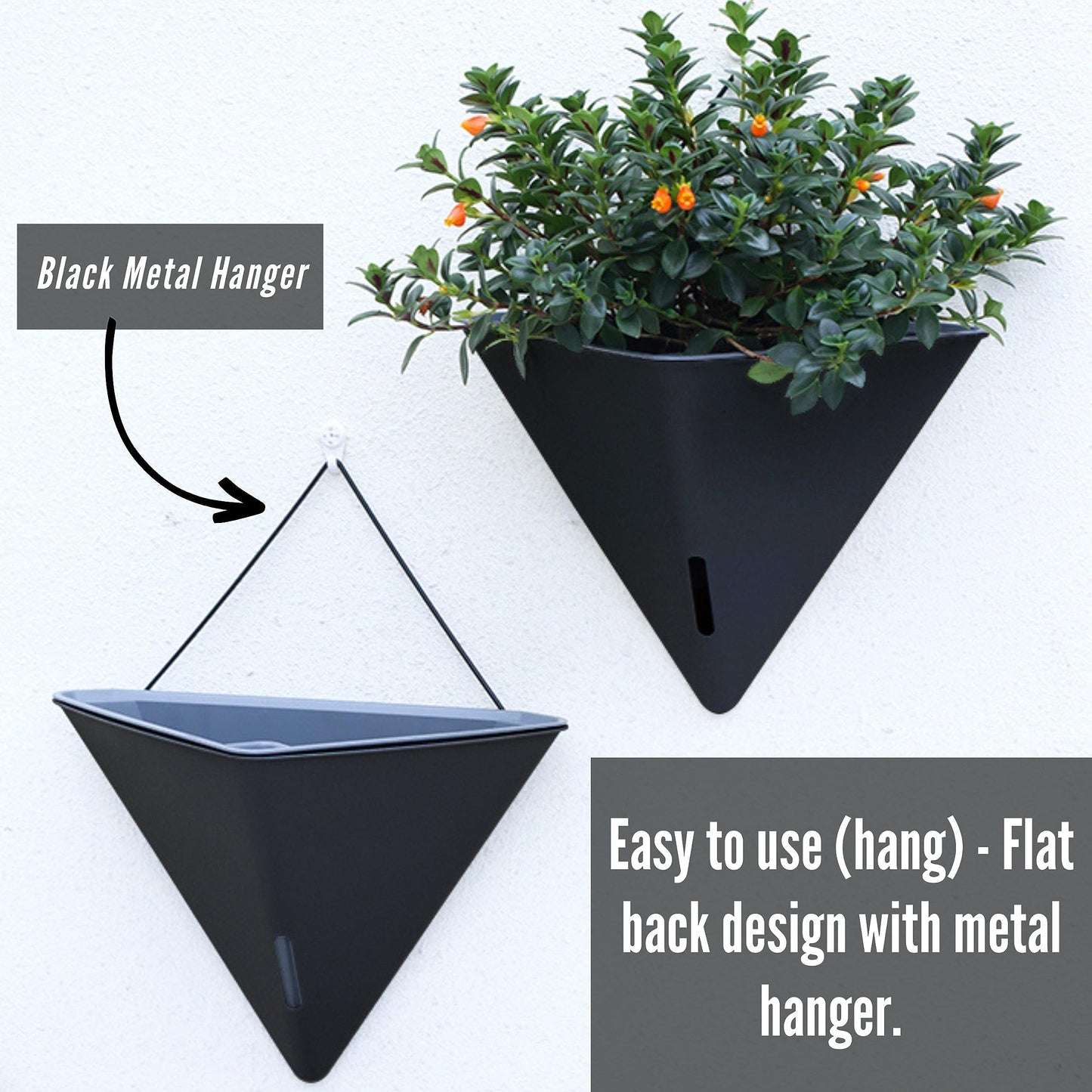 LaLaGreen Bundle - 12" x 4 Pack Black + 12" x 4 Pack Gray Large Self Watering Geometric Hanging Flower Vase Vessel with Metal Hanger, Modern Stylish Wall Mounted Succulent Pot Holder Decor