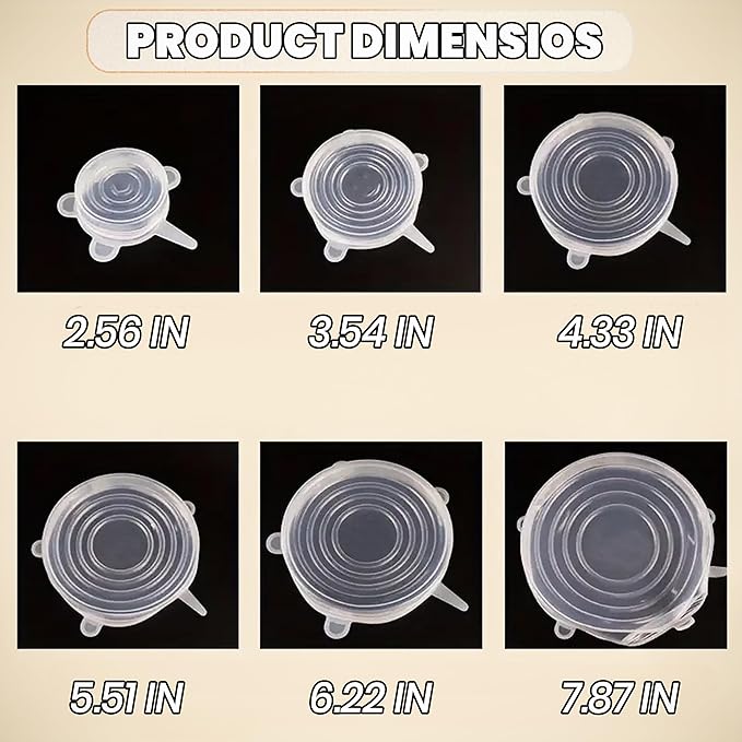 6pcs Silicone Stretch Lids – Reusable Food Covers for Bowls, Cups, Jars, and Containers – Durable, Expandable, Airtight Seal to Keep Food Fresh and Reduce Waste