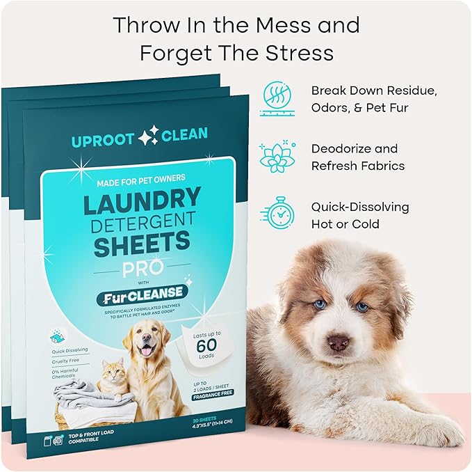 Uproot Clean Laundry Sheets Pro - 90 Pack - Fragrance-Free: Mineral-Powered Laundry Detergent Sheets Unscented - Eliminate Clinging Fur, Pet Odors, & Messy Residue - Up to 180 Loads