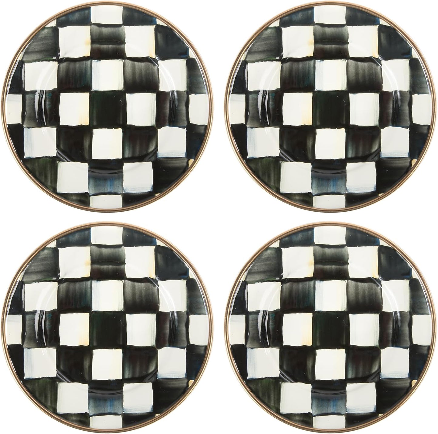 MACKENZIE-CHILDS Set of 4 Enamel Appetizer Plates, Mini Dessert Plates, 5 Inches, Black-and-White Courtly Check
