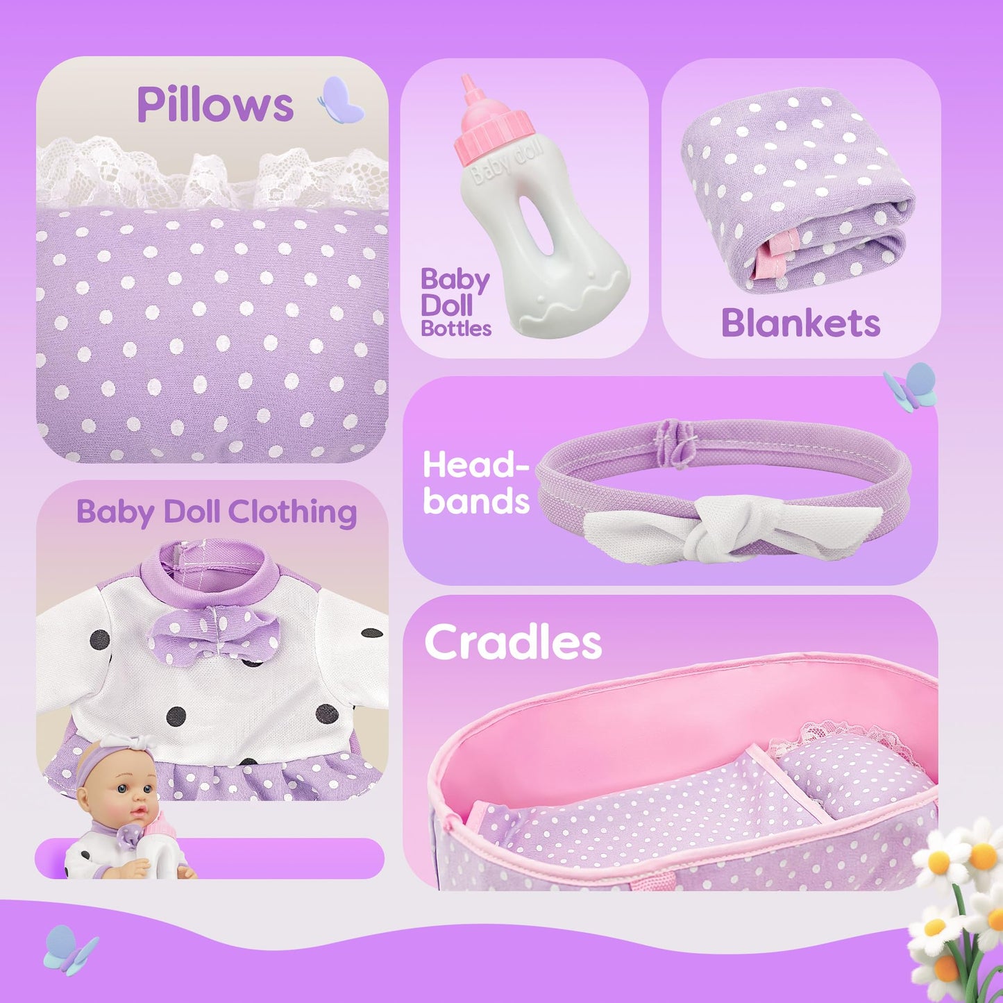 SMILESSKIDDO Baby Doll with Accessories, 12" Dolls Playset with Washable Carrier Bassinet Bed, Bottle, Blanket, and Pillow, Soft Body Baby Dolls for 2+ Year Old Girls